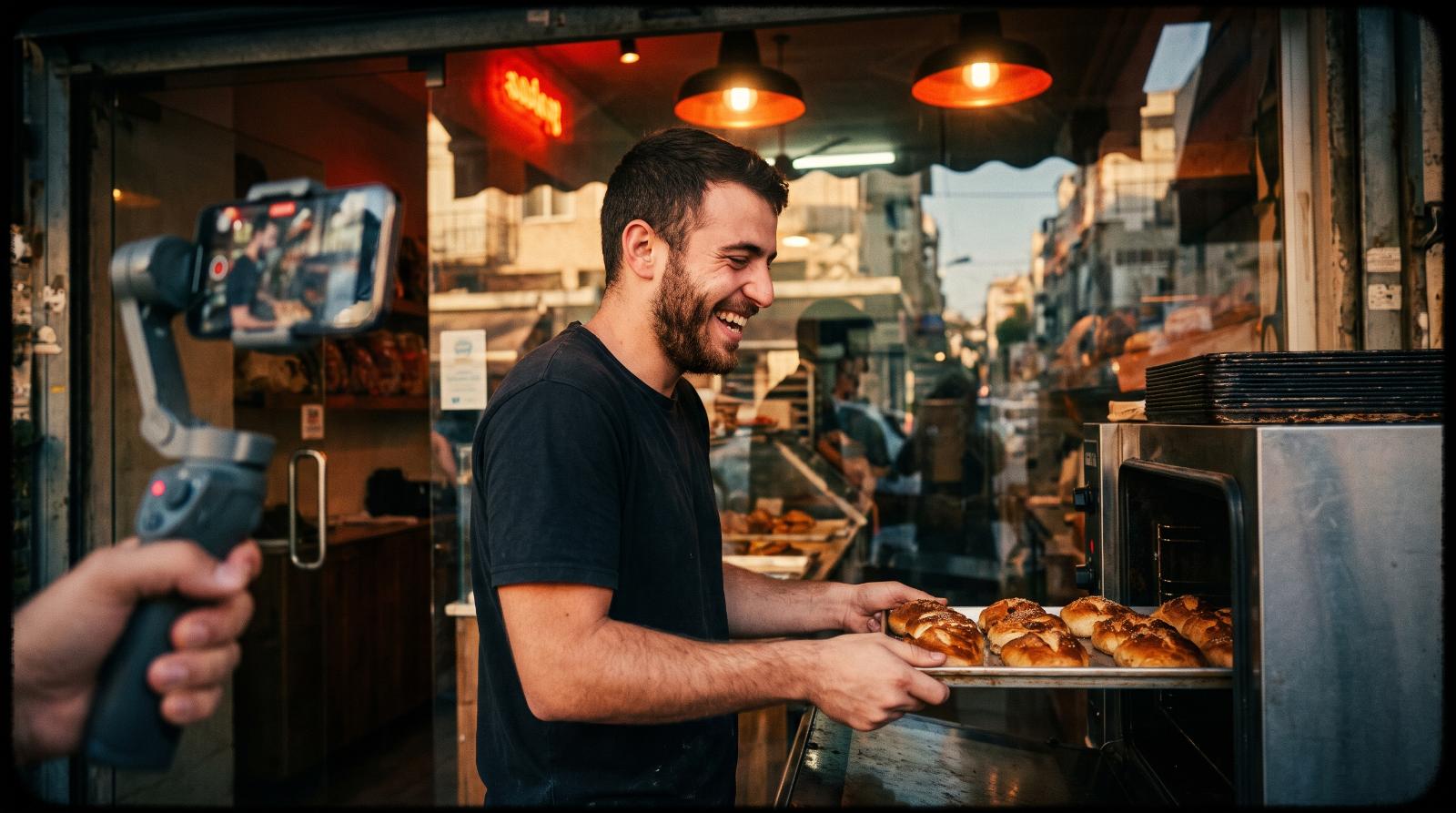 צלם של OnSpote מצלם בעל מאפייה בטלפון על גימבל בחזית החנות